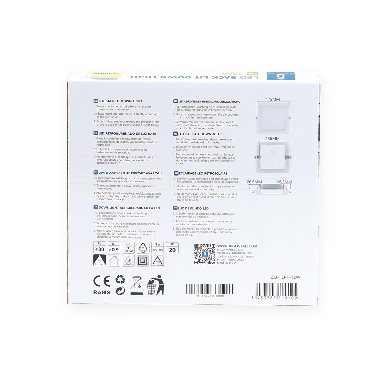 Downlight kwadratowy podtynkowy LED 12W Żółte światło