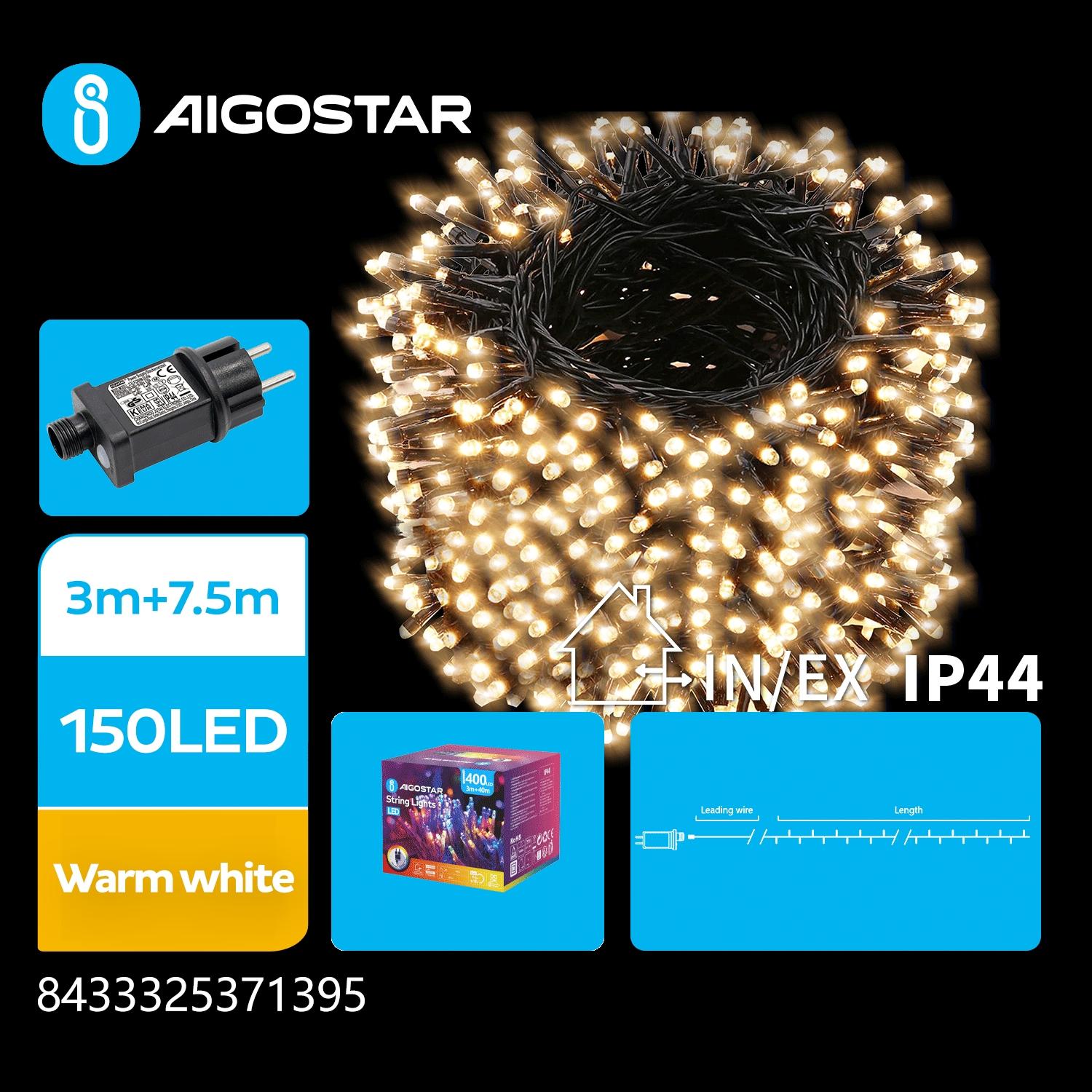 Low Voltage Flat String Lights-Warm White-3M+7.5M-150LED-5CM/LED-green black wire-8blink+time+IP44