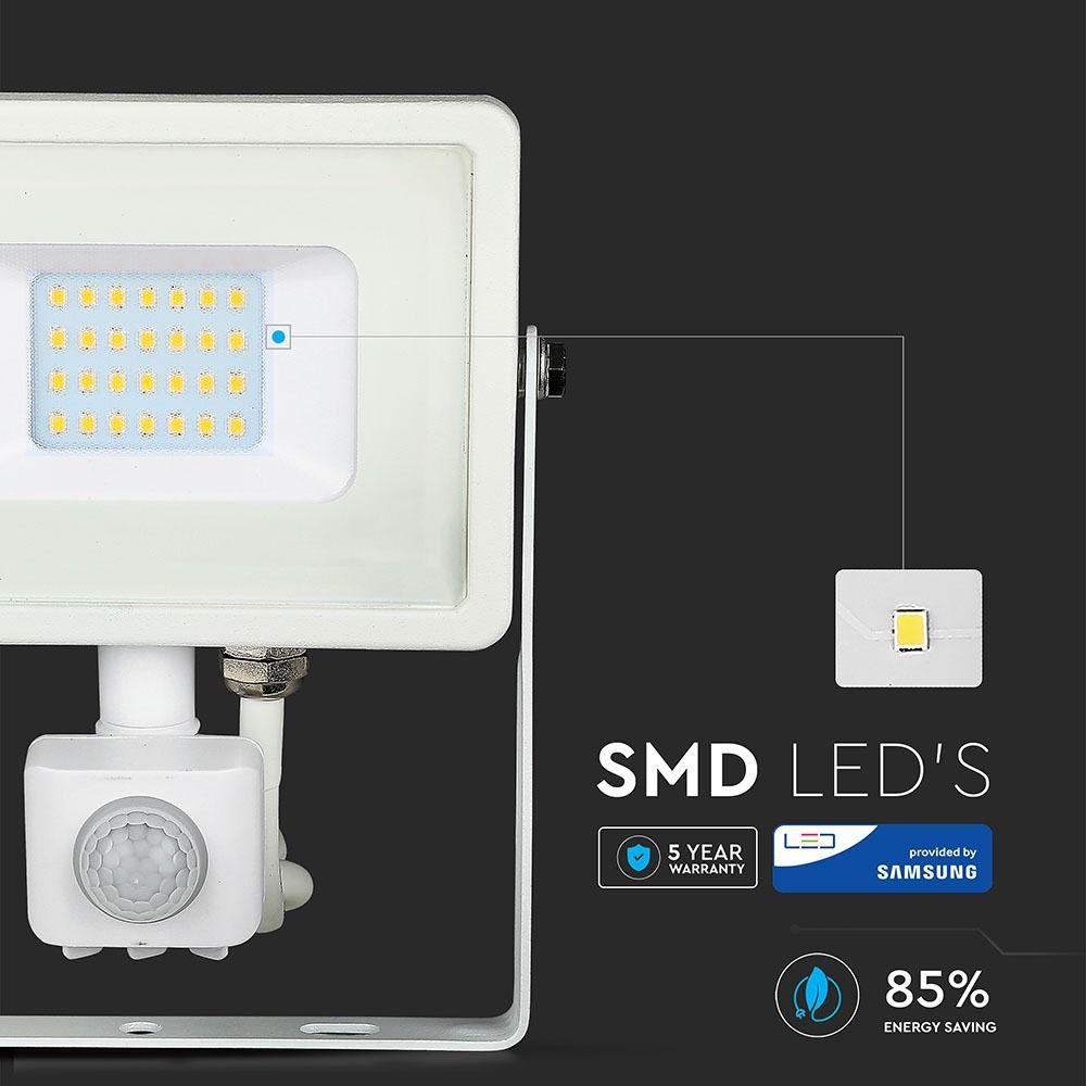 20W Naświetlacz LED SMD z czujnikiem ruchu, Chip SAMSUNG, Barwa:4000K, Obudowa: Biała , VTAC, SKU 449