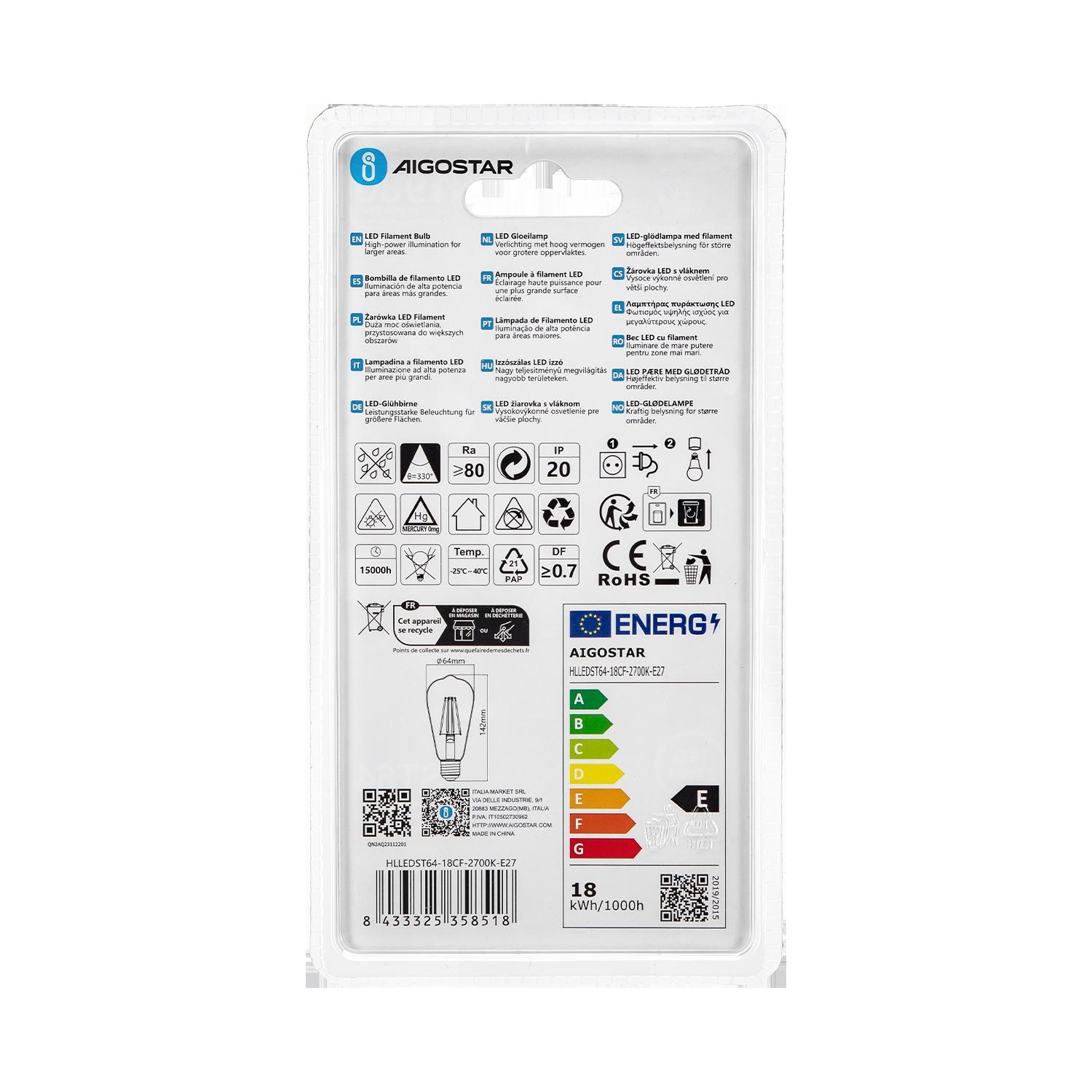 LED Filament Bulb (Clear) ST64 E27 18W