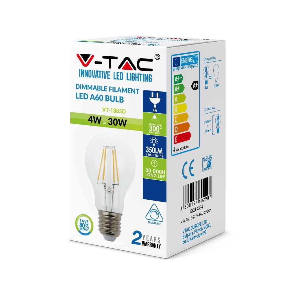 4W A60 Żarówka LED Filament, Barwa:2700K, Ściemniana, Trzonek:E27, VTAC, SKU 4364