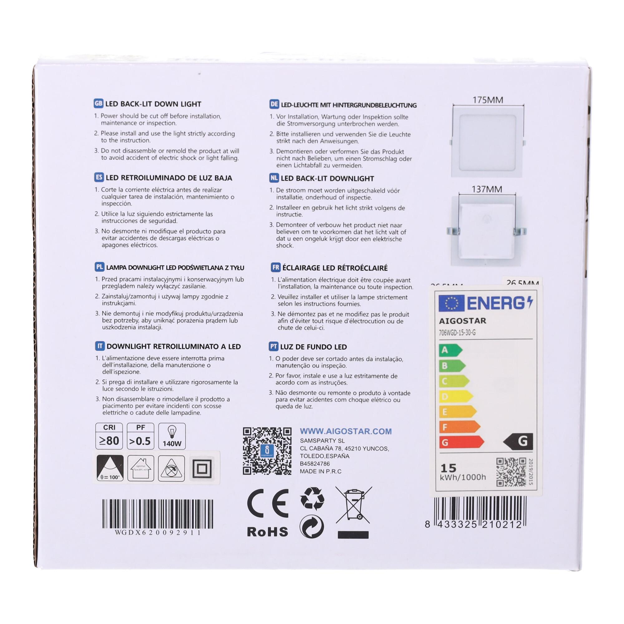 Downlight kwadratowy podtynkowy LED 15W Żółte światło