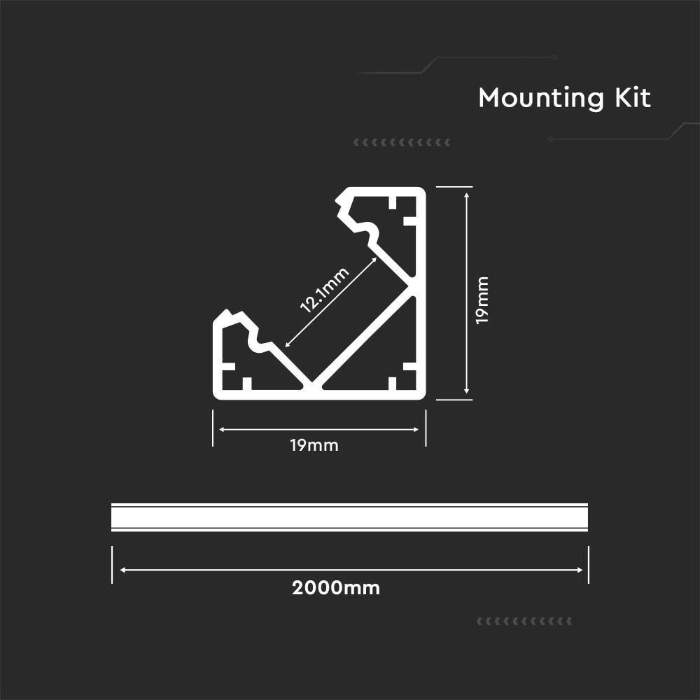 VT-8114 MOUNTING KIT WITH DIFFUSER FOR LED STRIP CORNER 2000X19X19MM SILVER