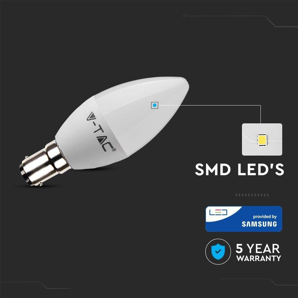 5.5W C35 Żarówka LED, Chip SAMSUNG, Barwa:3000K, Ściemniana, Trzonek:B15, VTAC, SKU 861