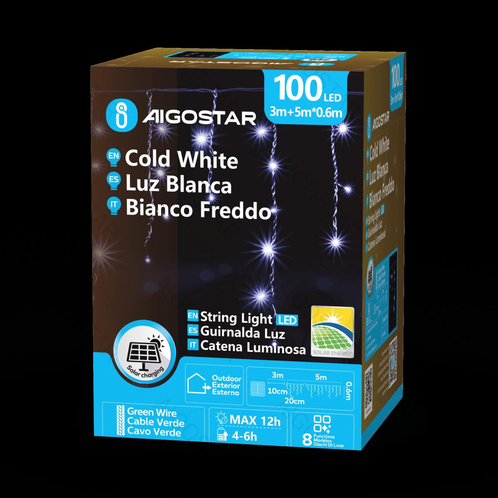 Solar icicle (wave) flat string lights, cold white, 3m+5m*0.6m