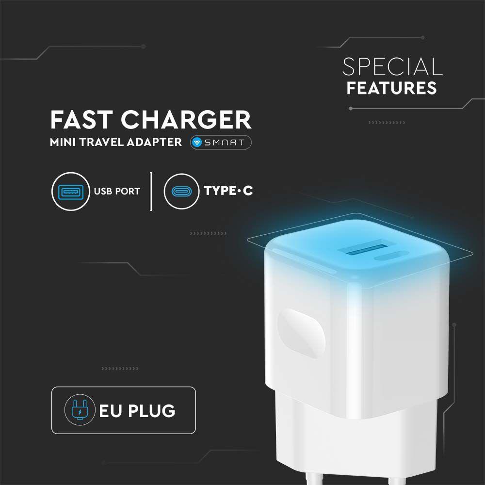 Ładowarka Sieciowa Fast Charger USB + USB C, 20W, Power Delivery, Wtyczka EU, Biała, VTAC, SKU 6678