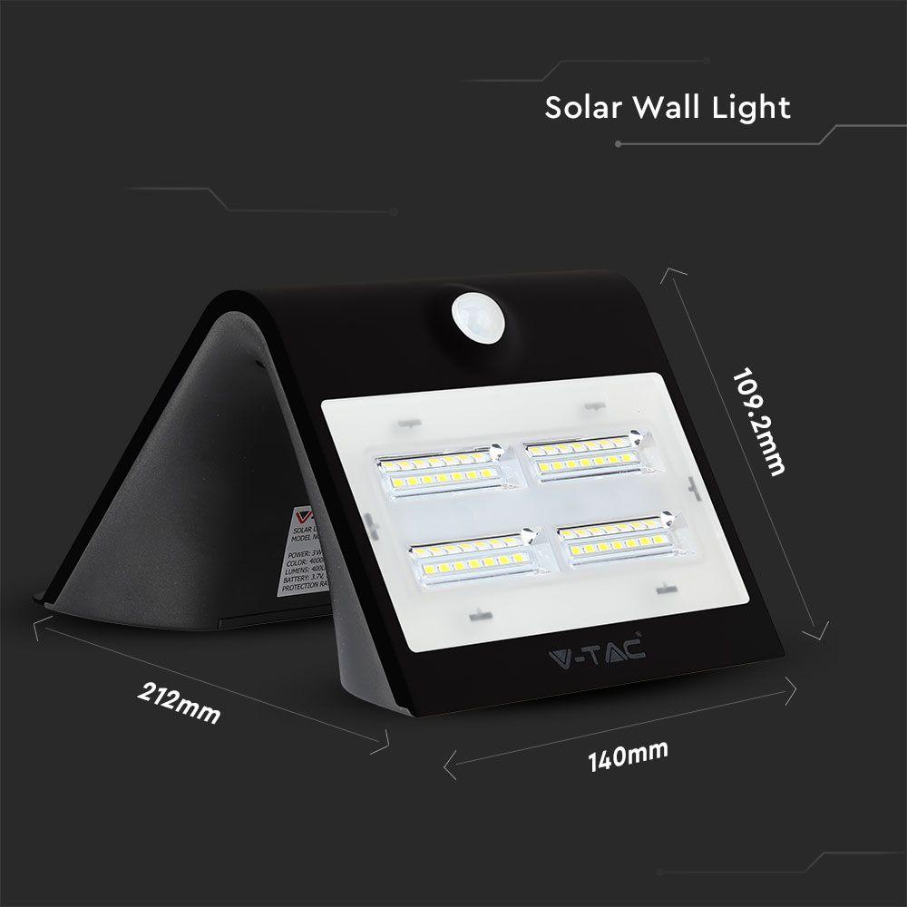 3W Lampa solarna ścienna, Trójkąt, Barwa:4000K+3000K, Obudowa: Czarny + Czarny, VTAC, SKU 7528