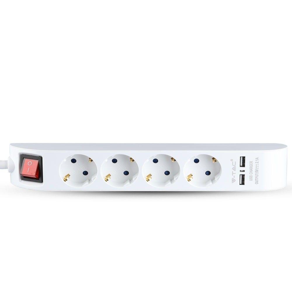 Listwa mieszkaniowy z wyłącznikiem 4 GN. Z portem 2xUSB, 3x1.5 X 1.4M, Biały, VTAC, SKU 8808