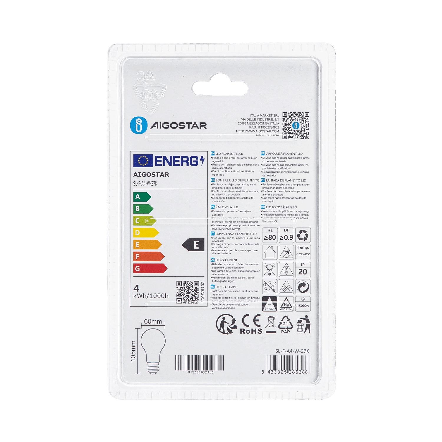 LED Filament Bulb (Milky White) A60 E27 4W