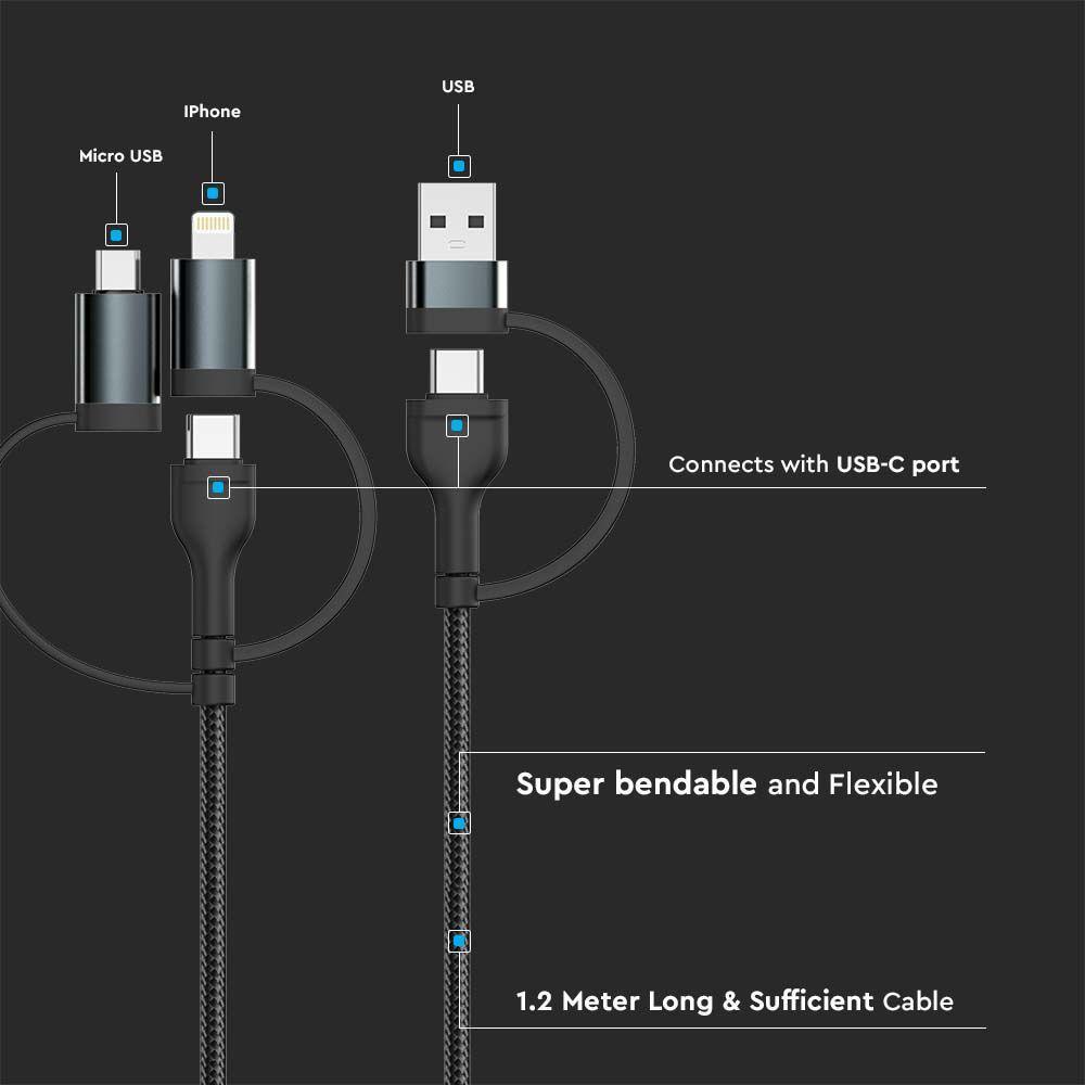 Przewód USB z adapterem 5w1 typ: C, Micro, Lightning, Fast Charging, 1.2m, Czarny, VTAC, SKU 7747